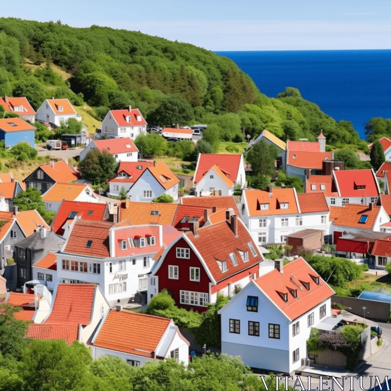 Captivating Village by the Ocean with Red Tiled Roofs AI Image