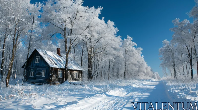 Charming Wooden House in a Snowy Forest - Peaceful Nature Scene AI Image