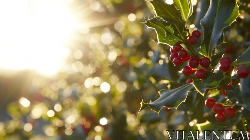 Close-Up of Holly Branch with Red Berries | Festive Nature Photography AI Image