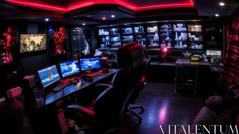 Dark Modern Gaming Room with Computer Monitors and Video Games AI Image