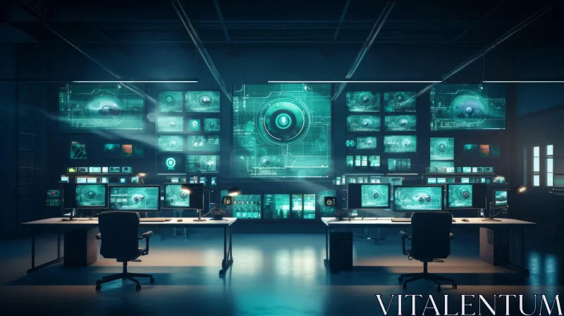 Futuristic Control Room with Large Screens and Blue Light AI Image
