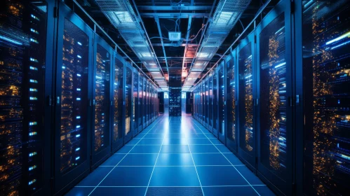 Futuristic Data Center with Server Racks and Blue & Orange Lights