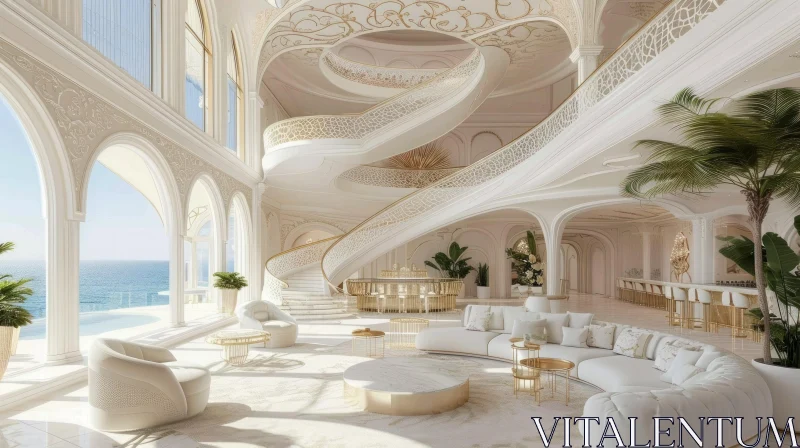 Luxurious Living Room with Spiral Staircase | Modern White and Gold Design AI Image