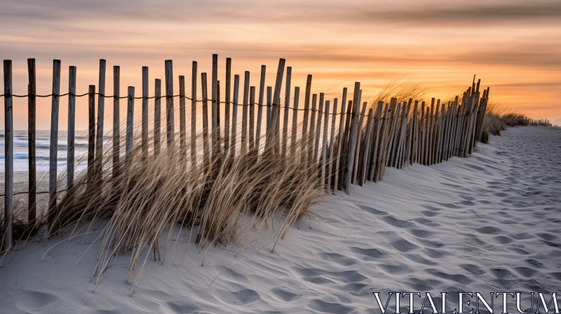 Serenity at Sunset: Captivating Beach Scene with Fence and Grass AI Image