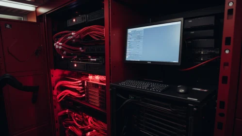 Server Room with Servers, Monitor, Keyboard, and Red Lights