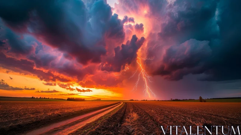 Thunderstorm Landscape: Captivating Lightning Bolt in a Field AI Image