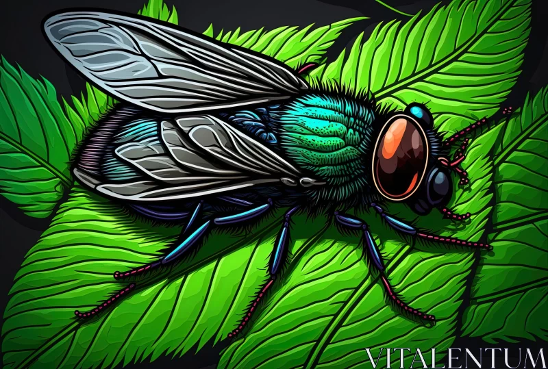 Vivid Blue Bug on Black with Green Leaves - Hyper-Detailed Rendering AI Image
