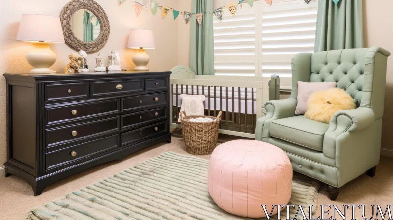 Beautifully Decorated Nursery with Crib, Changing Table, Glider, and Ottoman AI Image