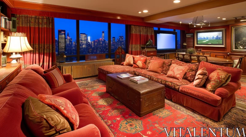 Classic-style Living Room with Red Fabric Walls and Floral Carpet AI Image