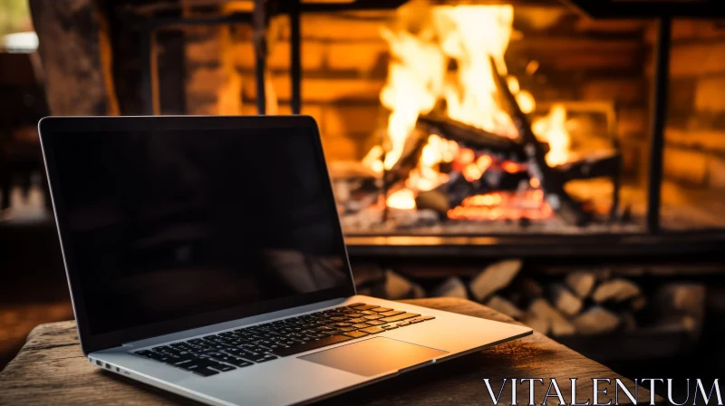 Cozy Fireplace Scene with Laptop AI Image