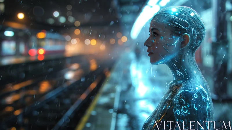 Futuristic Portrait: Female Android in Rainy City at Night AI Image