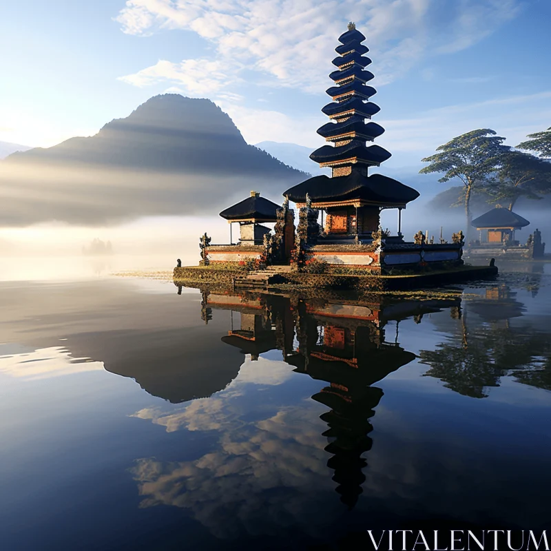 Island and Pagoda on a Lake in Bali: A Serene and Authentic Nature Wonder AI Image