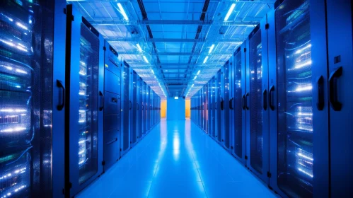 Modern Data Center with Blue Lights and Servers