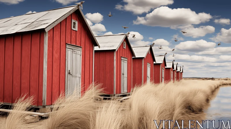 Captivating Red Beach Houses: Vintage Atmosphere and Photorealistic Wildlife Art AI Image