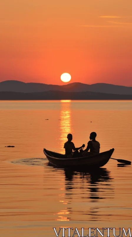 Captivating Sunset Scene: Two People in a Boat at Sunset AI Image
