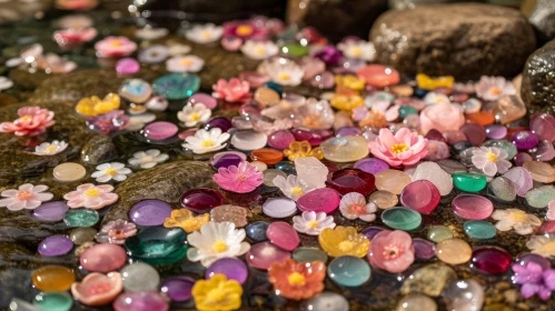 Colorful Stones and Gems on Shallow Water Surface