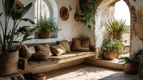 Cozy Sunlit Seating Area with Rustic Wooden Bench