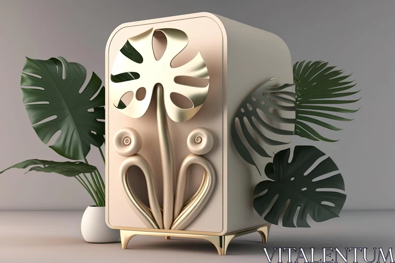 Elegant Gold Cabinet with Tropical Plants | Futurist Mechanical Precision AI Image