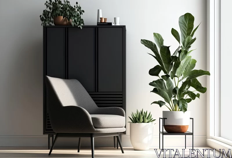 AI ART Minimalist Interior Scene with White Plant and Chair