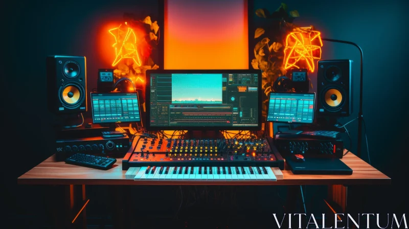 Music Producer Desk with Neon Sign and Computers AI Image