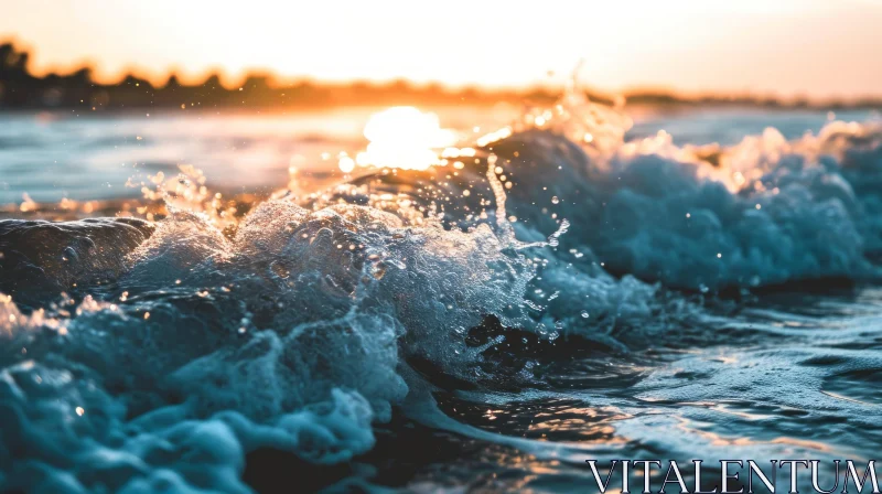 Powerful Wave Crashing on Shore | Golden Sun Glow | Blue Water AI Image