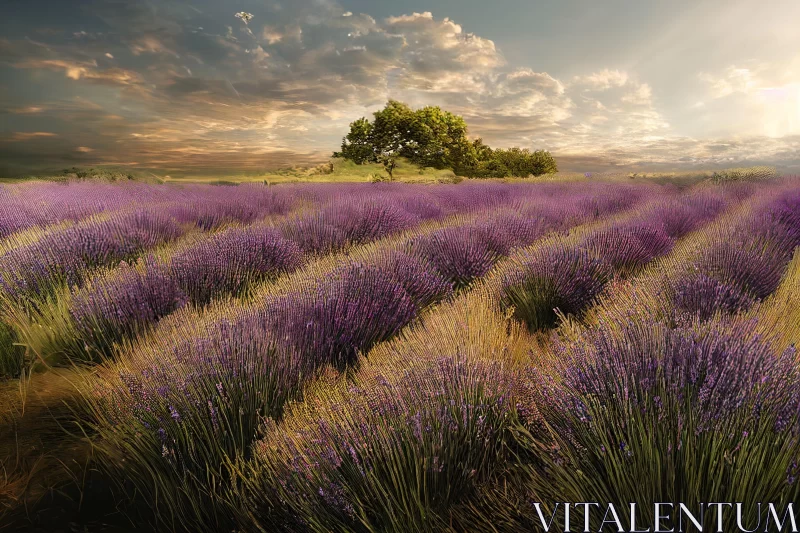 Serene Lavender Field with Tree - Capturing the Essence of Nature AI Image
