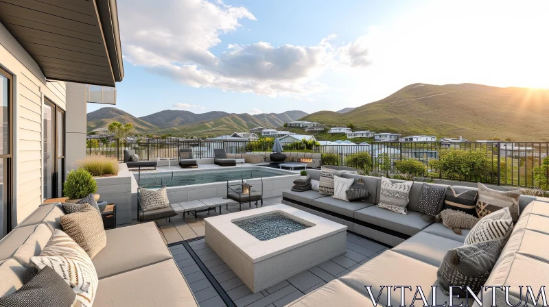 AI ART Stylish Modern Rooftop Terrace with Stunning Mountain Views