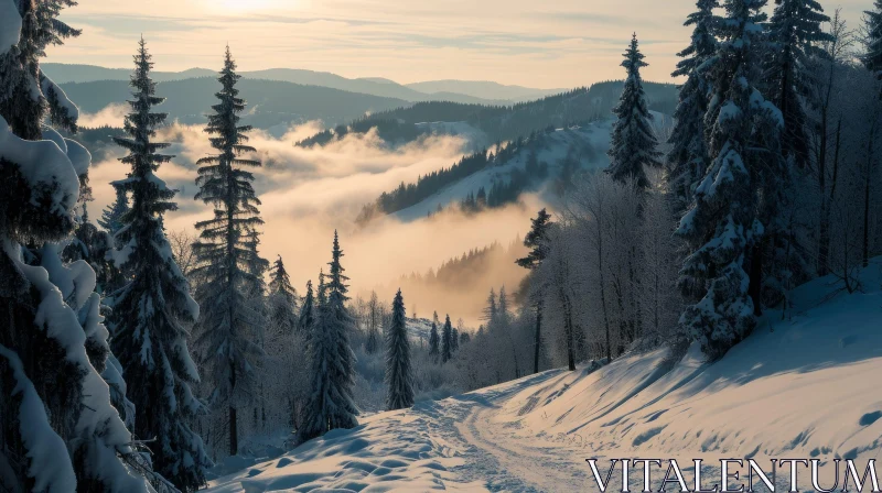 Winter Landscape: Snow-Covered Trees and Mountains in Warm Glow AI Image