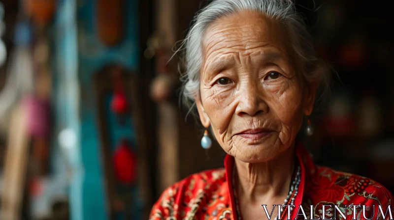 Captivating Portrait of an Asian Elderly Woman in a Red Floral Shirt AI Image