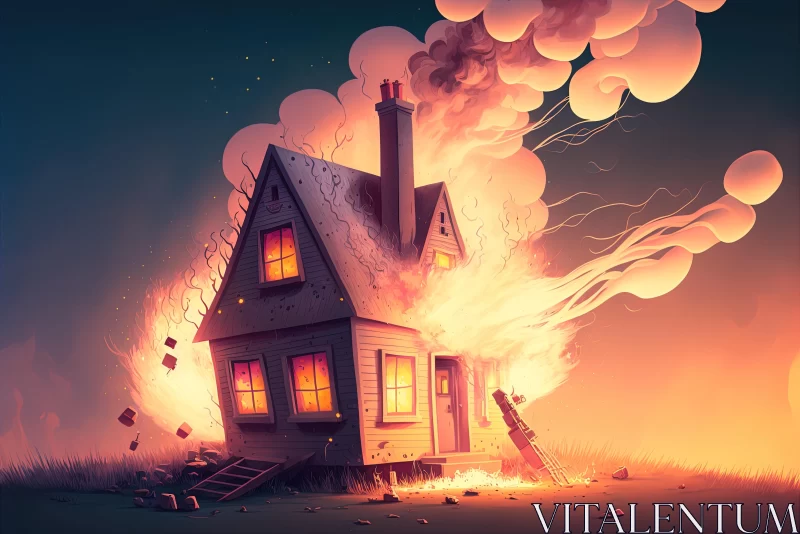 Cartoon-style Blaze Burning Behind a House | Whimsical and Emotional Scenes AI Image