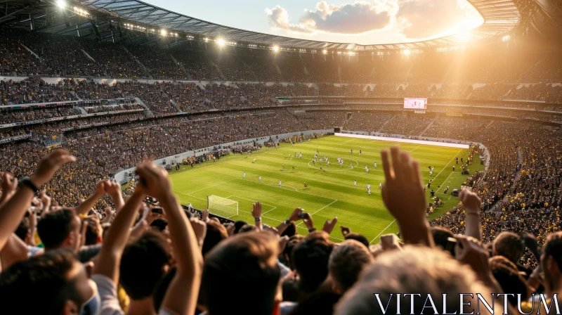 Exciting Football Match in a Modern Stadium - Spectators Cheering AI Image