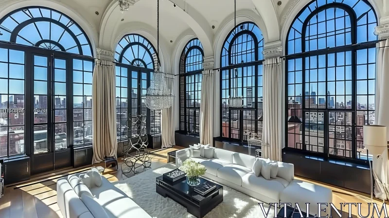 Exquisite and Luxurious Living Room with High Ceilings and Large Windows AI Image