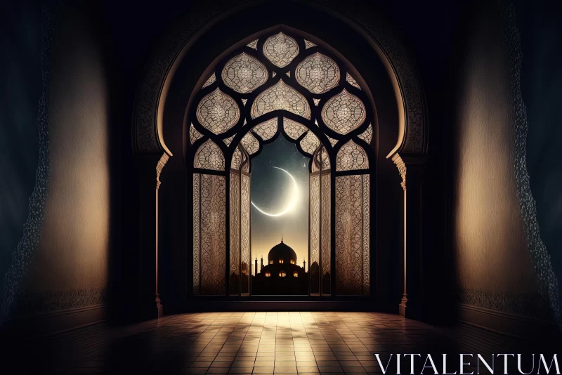 Exquisite Ornate Arched Door with Moon and Crescent | Realistic Painting AI Image