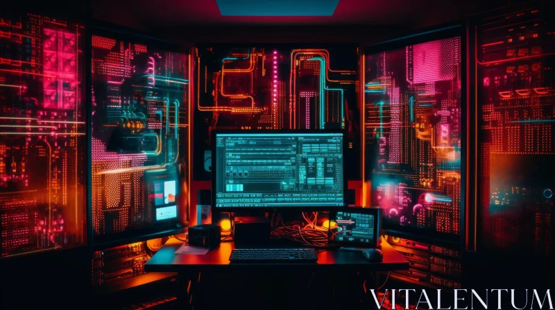 Glowing Computer Screens in Dark Room - Technology Background AI Image