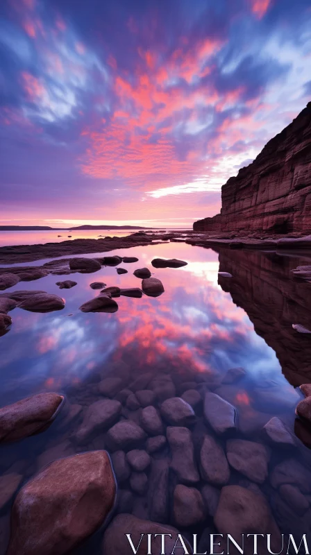 Mesmerizing Sunrise: Rocks Reflecting in Water on a Beach AI Image