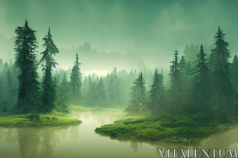 AI ART Mystical Forest with Trees and River in the Fog | Enchanting Landscape