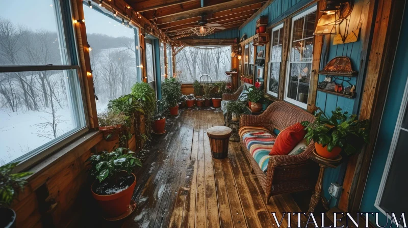 Winter Porch with Serene Snowy Landscape AI Image