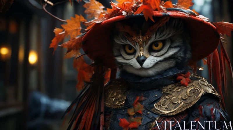 Cat in Red and Gold Armor - Digital Painting AI Image