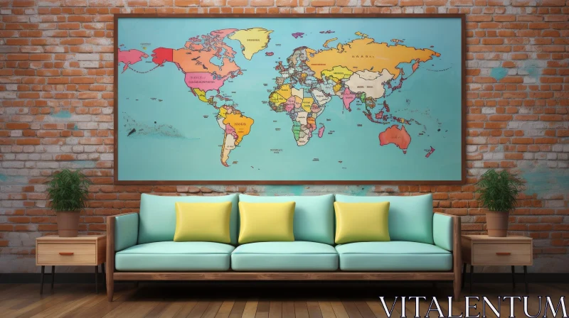 Chic Living Room with Blue Sofa and World Map Brick Wall AI Image