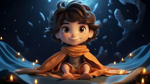Dreamy 3D Rendering of Young Boy on Cloud with Candles