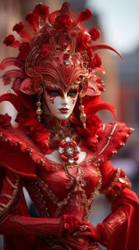 Elegant Woman in Red Venetian Mask with Jewels