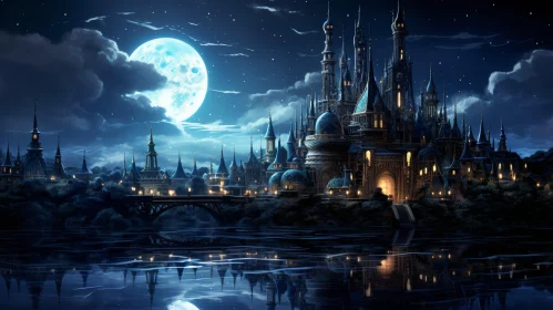 Enchanting Fantasy Castle with Full Moon at Night