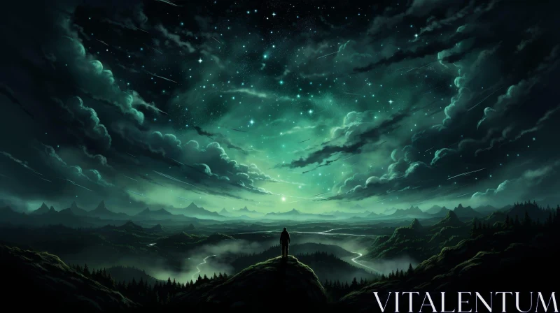 Enchanting Night Valley Landscape with Stars and Mountains