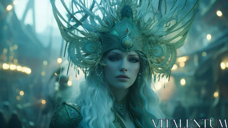 Enchanting Woman in Elaborate Headdress at Night AI Image