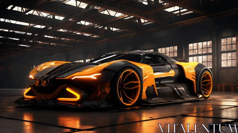 Futuristic Black and Yellow Car in Dark Garage AI Image