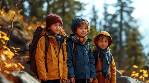 Joyful Children Hiking in Woods