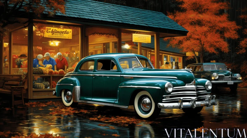 Lively and Detailed Painting of a Parked Car in Front of a Diner AI Image