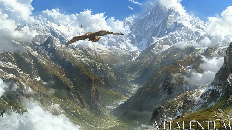 Majestic Mountain Valley Landscape with Eagle Soaring AI Image