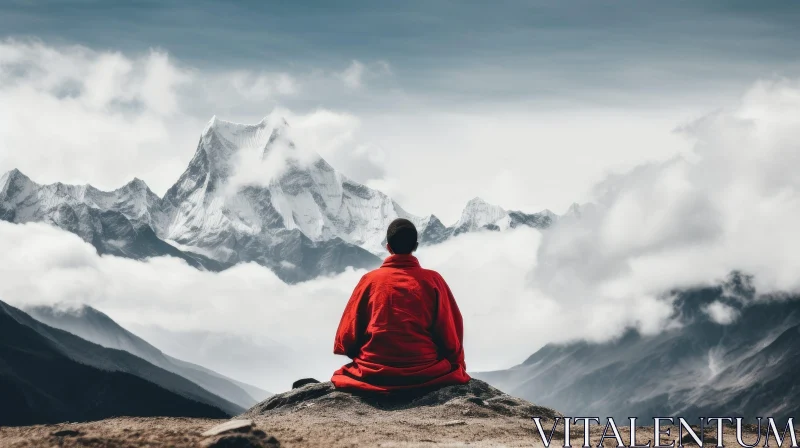 Meditating Man in Red Robe on Mountain Rock AI Image