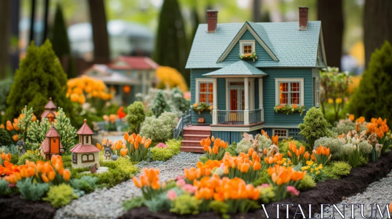Miniature Houses in Floral Garden: A Blend of Urban and Rural Charm AI Image